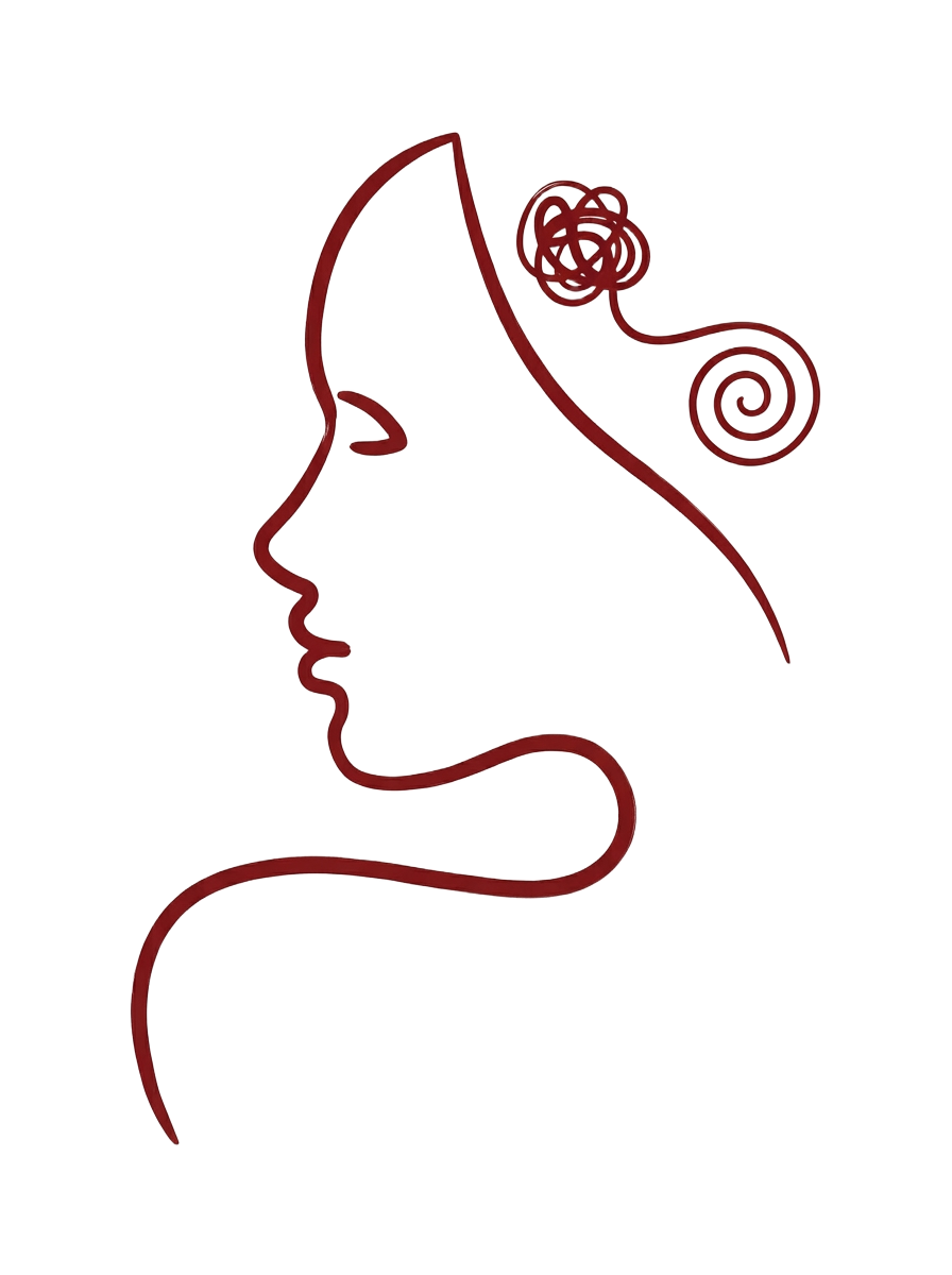 Minimalist line illustration of a woman in profile with a tangled thought unspooling into a calm spiral